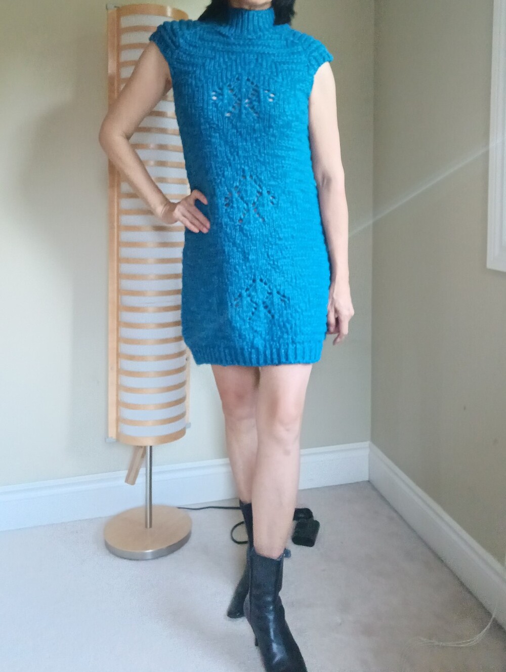 Ptp15"~19" Zara Teal-Blue Chunky Cable Knit Sweater Dress Monk-Neck Sleeveles